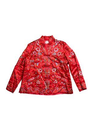 Vintage Plum Blossoms red silk floral embroidered Chinese Jacket bird 40" chest